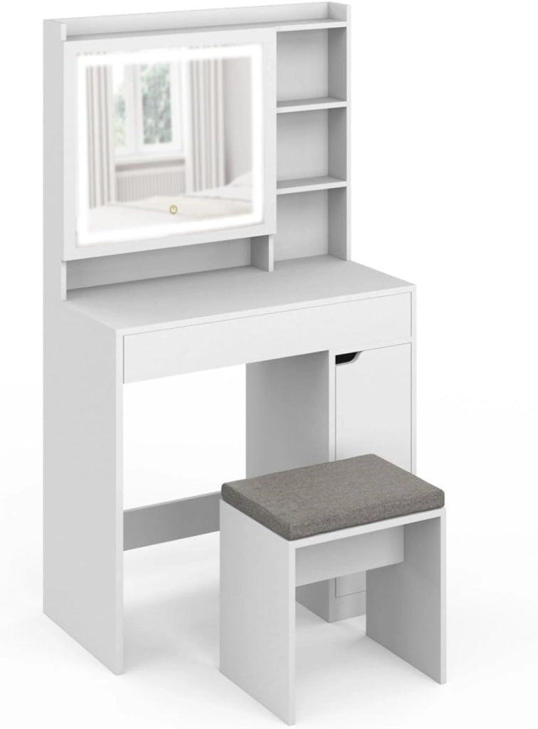 ZELIA tocador blanco con espejo LED, almacenamiento, 1 cajón, 1 unidad de almacenamiento y taburete tapizado