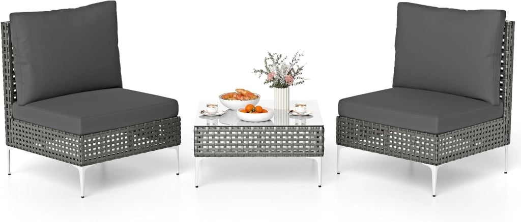 Tavolino e 2 Sedie da Giardino, Set da Conversazione in Rattan con Cuscini e Tavolino in Vetro Temperato, Set da Bistrò per Veranda, Balcone e Cortile (Stile 1)