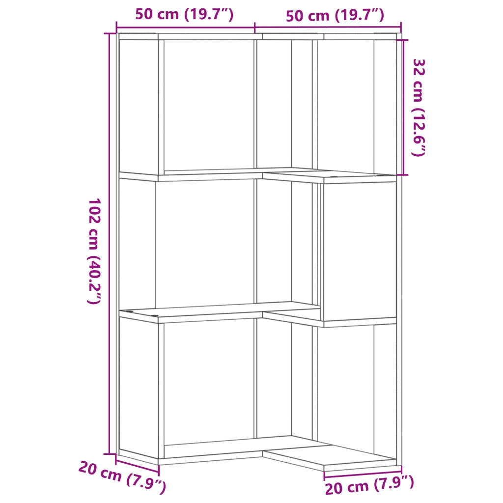 Libreria Angolare 3 Ripiani-Scaffale per Libri-Mobile di Stoccaggio Grigio Sonoma 50x50x102 cm Legno