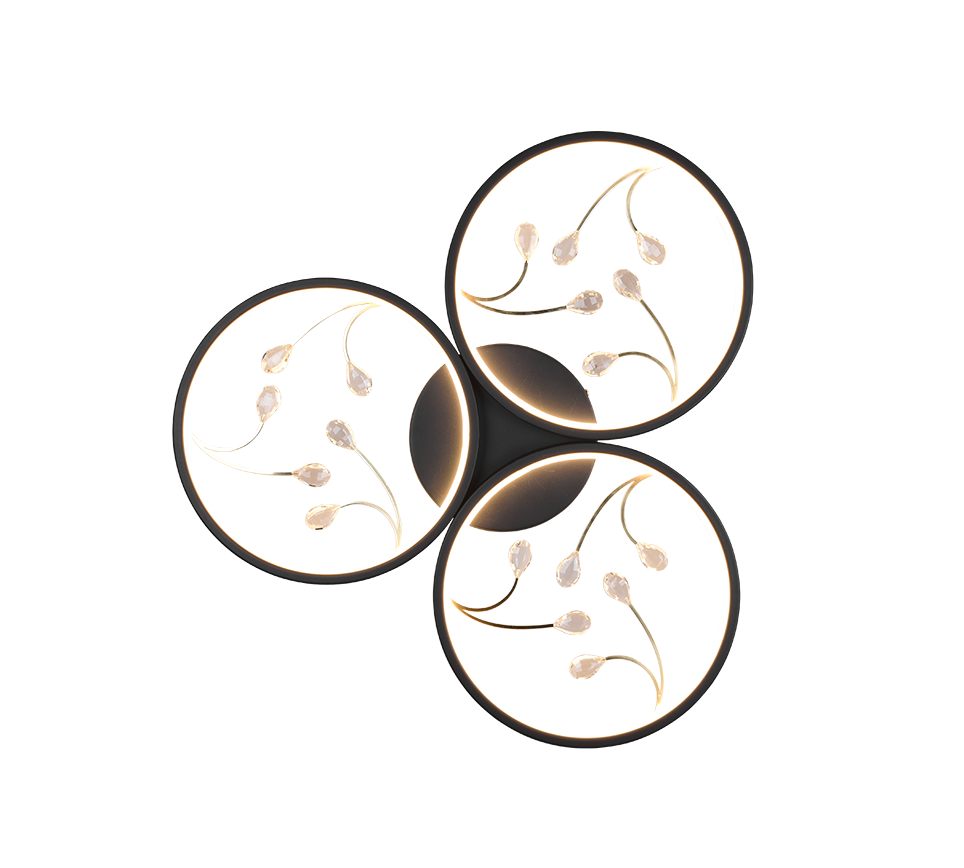 Plafoniera LED 3 cerchi con decori, matallo, nero, D 62 cm, Groovy