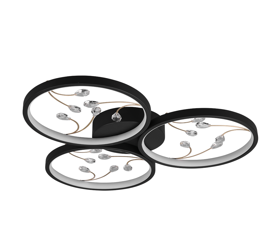 Plafoniera LED 3 cerchi con decori, matallo, nero, D 62 cm, Groovy