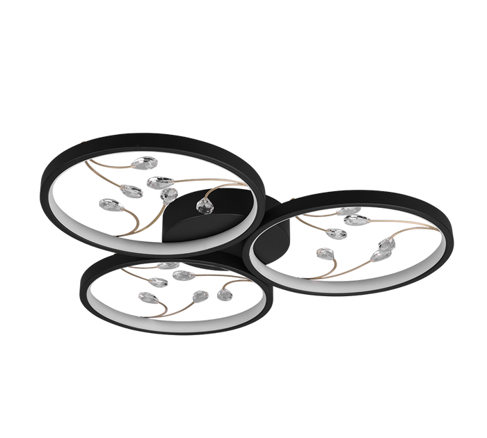 Plafoniera LED 3 cerchi con decori, matallo, nero, D 62 cm, Groovy