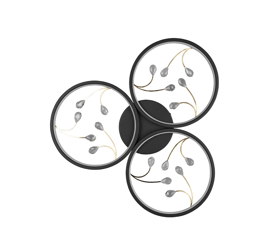 Plafoniera LED 3 cerchi con decori, matallo, nero, D 62 cm, Groovy