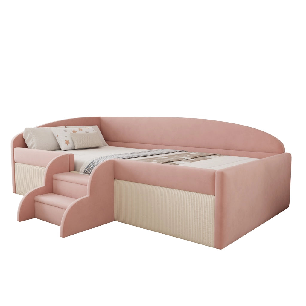 Letto imbottito per bambini 90x190 cm in velluto rosa e bianco; con scaletta e sponde