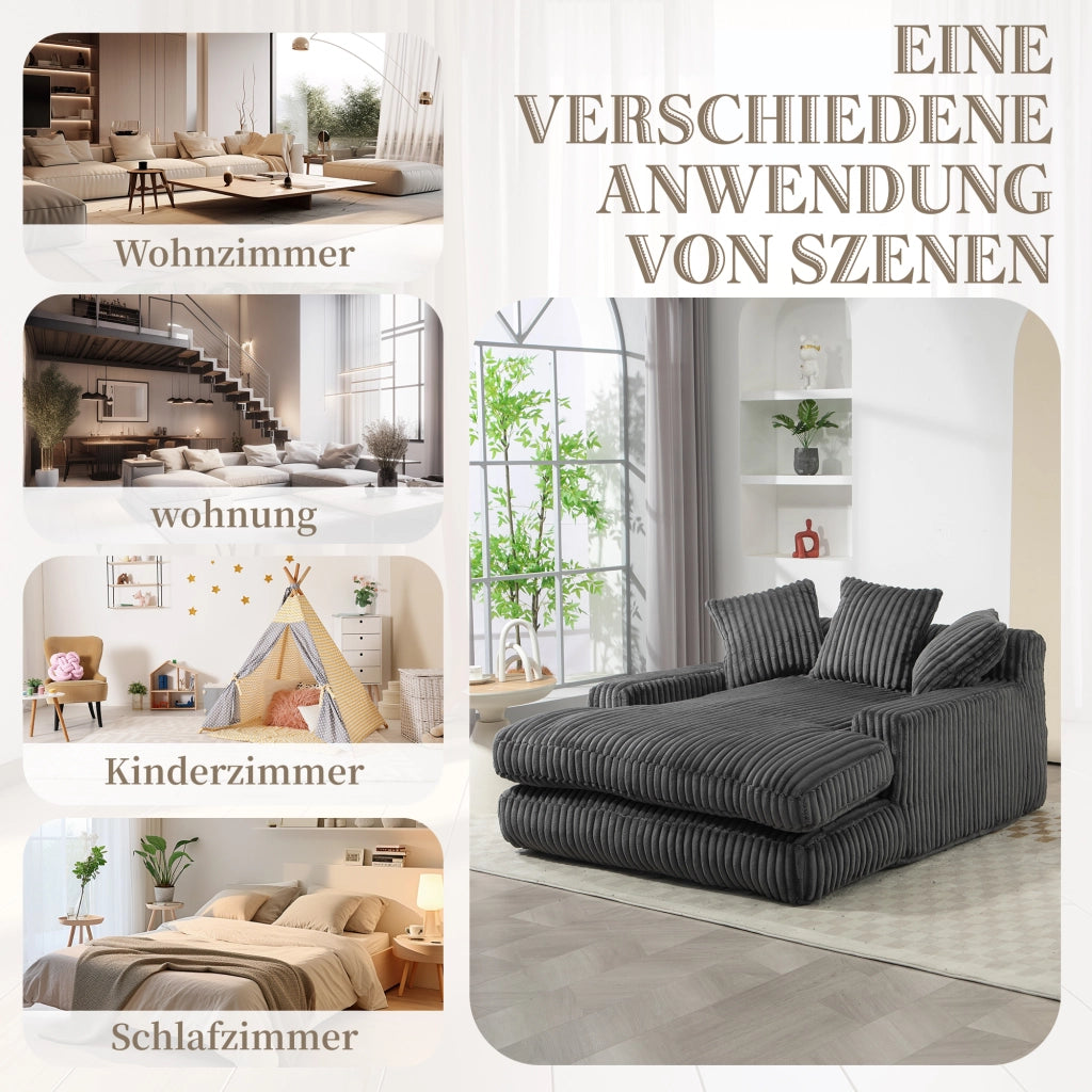 Méridienne con 3 Cuscini Design Ergonomico in Velluto a Coste Grigio Scuro 125 × 155 × 63 cm