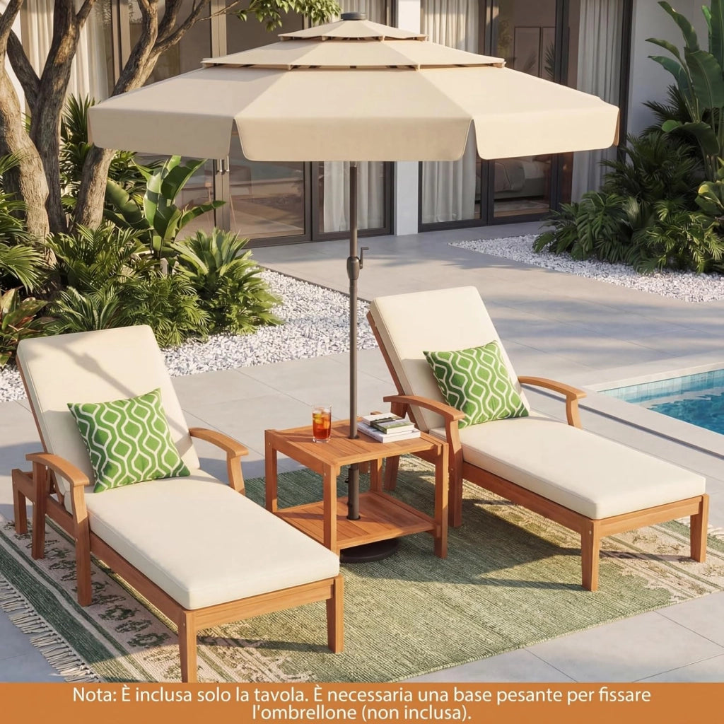 Tavolino da Esterno con Foro per Ombrellone 4 cm, Tavolo da Balcone in Legno Massello, a 2 Ripiani, Salvasapzio, per Giardino, Terrazzo, Cortile, Portata 40 kg, 51 x 48 x 45 cm