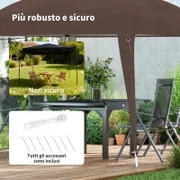 Gazebo Pieghevole da Giardino 2.4x2.4m con Struttura in Acciaio e Corde Antivento, Caffè