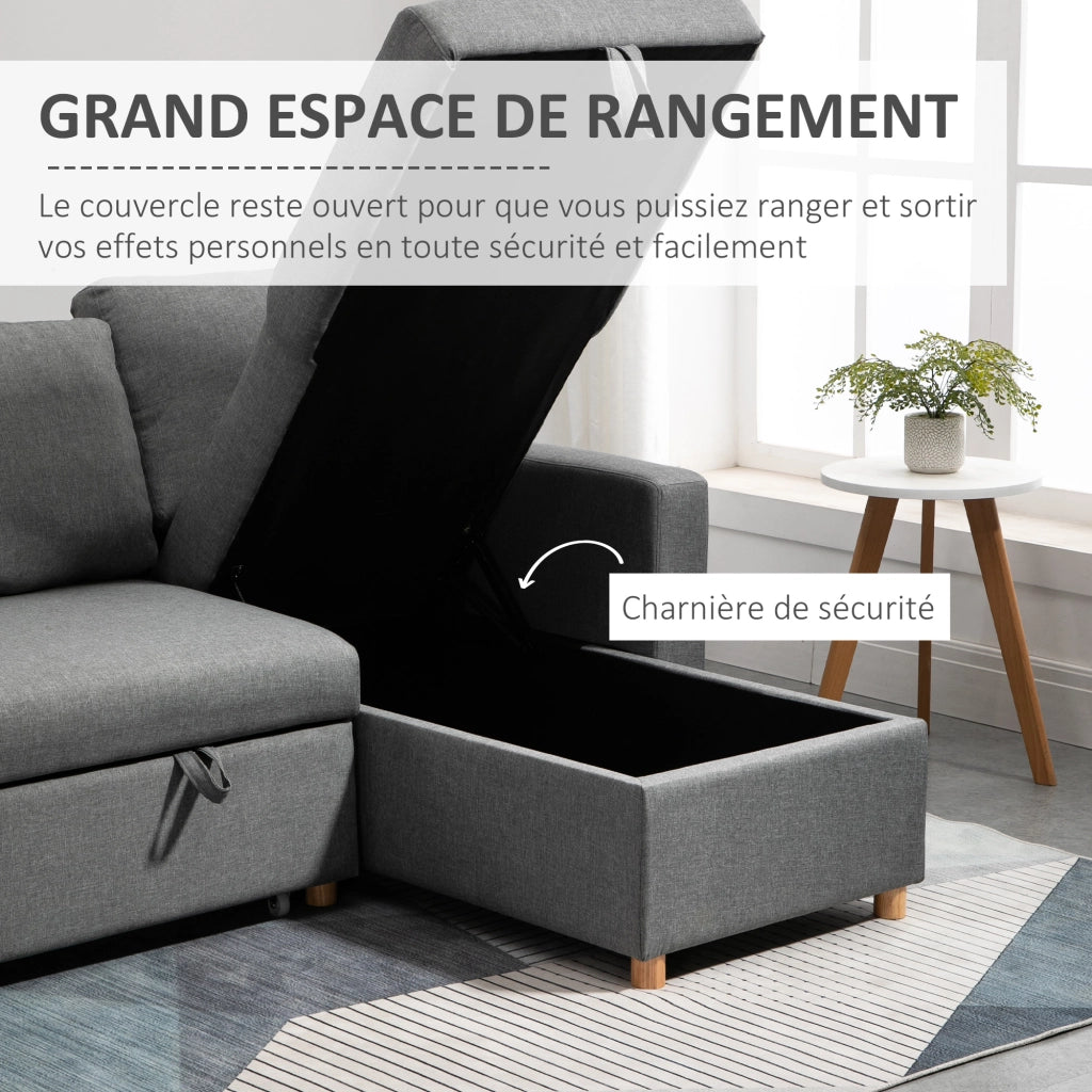 Divano Angolare Letto 3 Posti con Meridienne Reversibile e Contenitore ¨C Zephmum ¨C Tessuto Grigio