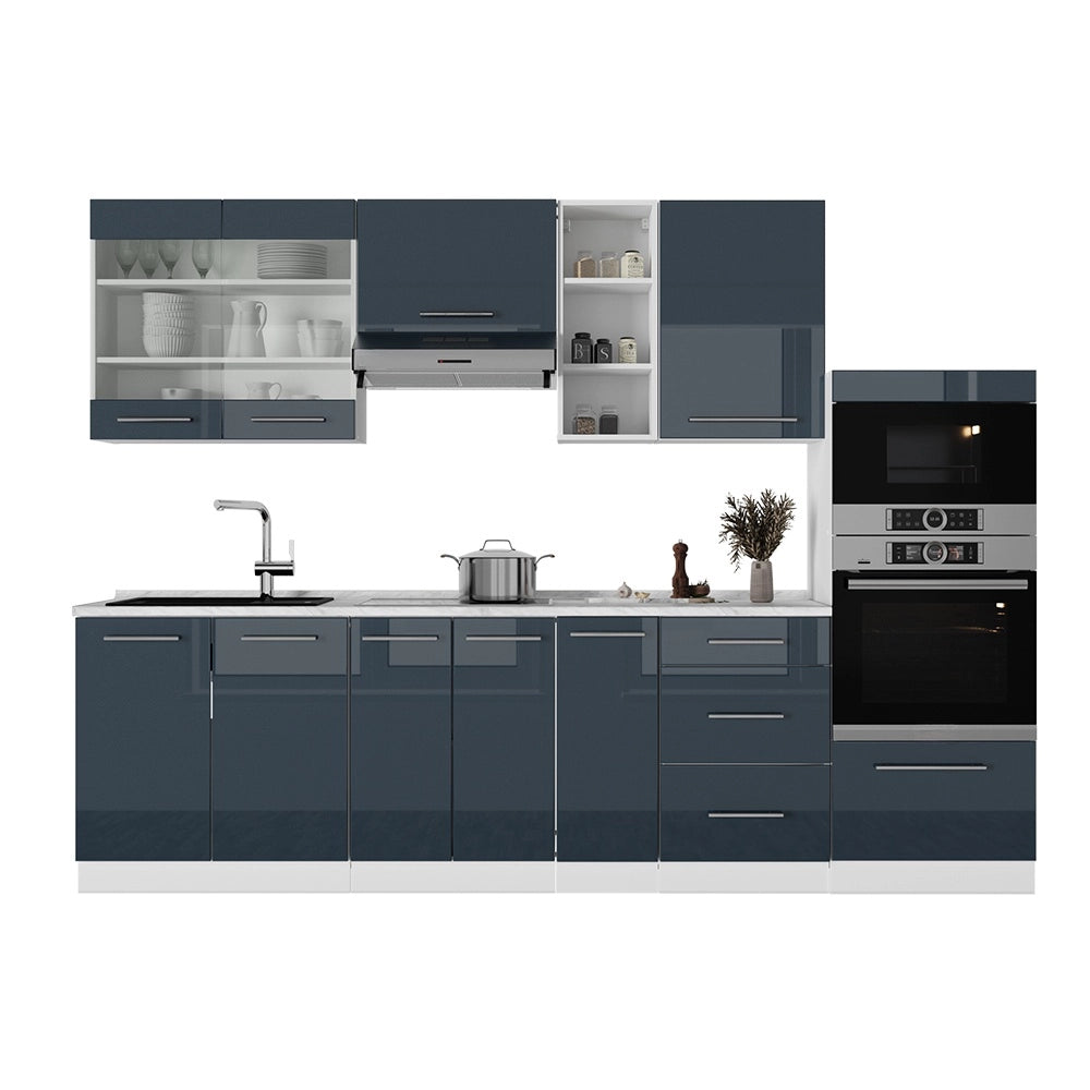 Cucina componibile Fame-Line Blu scuro lucido/Bianco 280 cm, PL Rovere Vicco