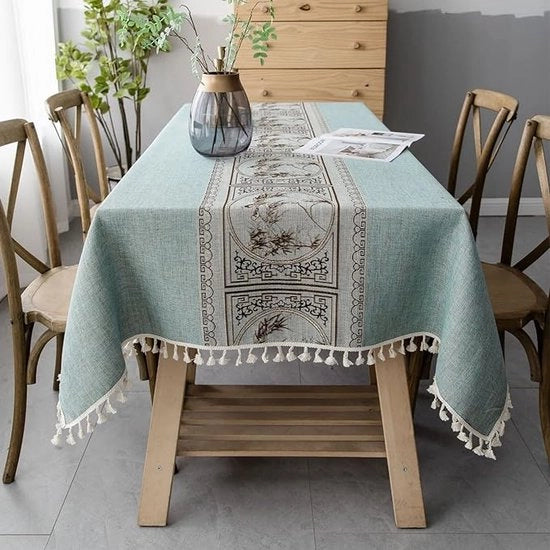 Tavolino quadrato in cotone e lino, lavabile, 140 x 140 cm, con applicazioni decorative per uso outdoor.