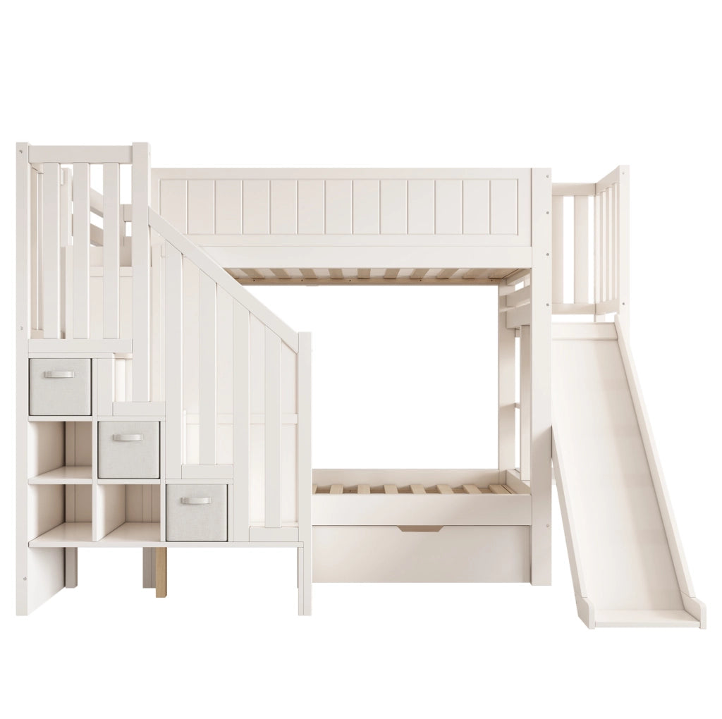 Letto a castello con scivolo; scala-armadio e cassetti; 90x200 cm; bianco