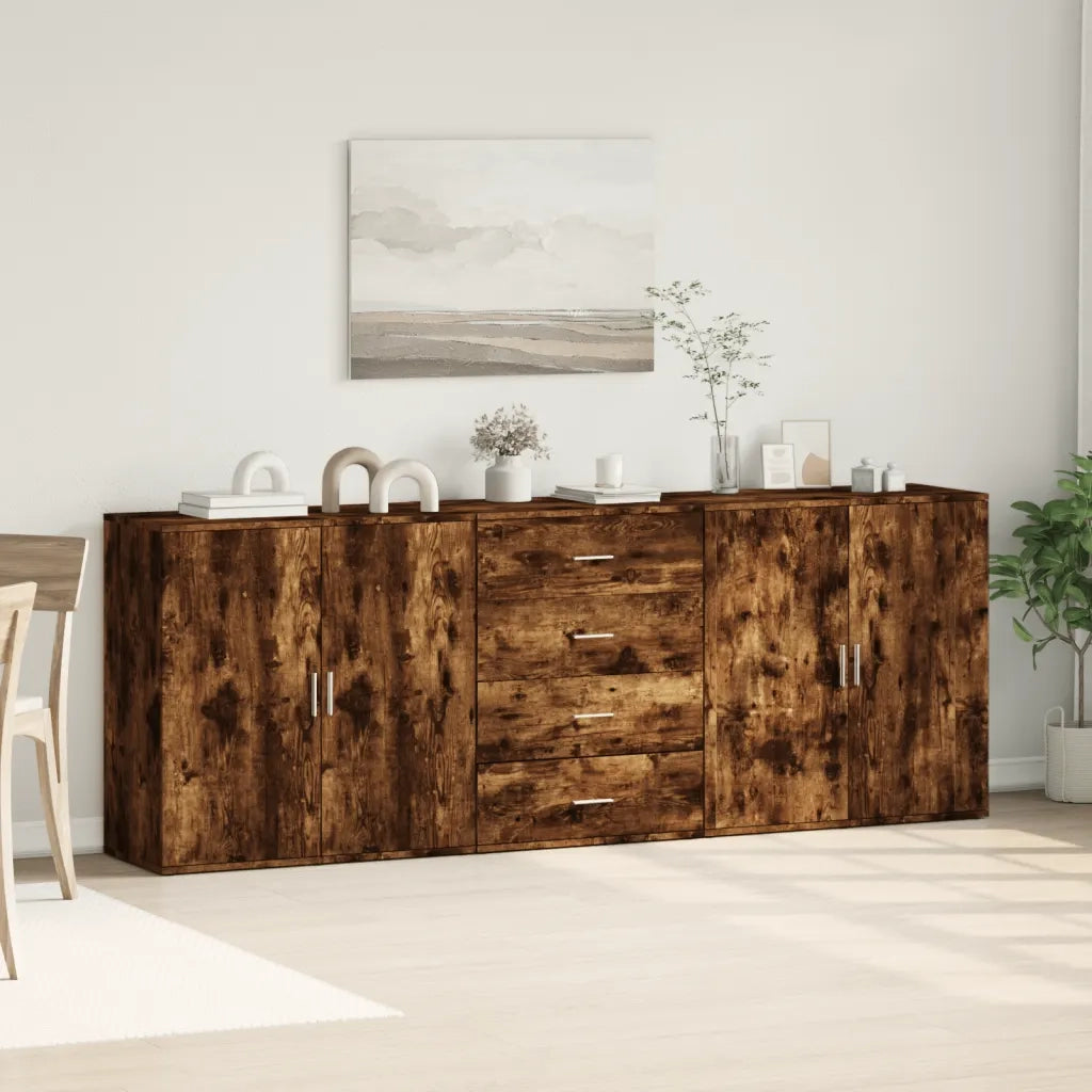 Credenze 3 pz | Madia | Buffet da pranzo | Armadio da pranzo Rovere Fumo in Legno Multistrato