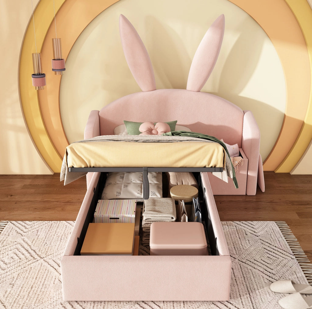 Letto imbottito 90x200 cm con comodino e contenitore in velluto rosa