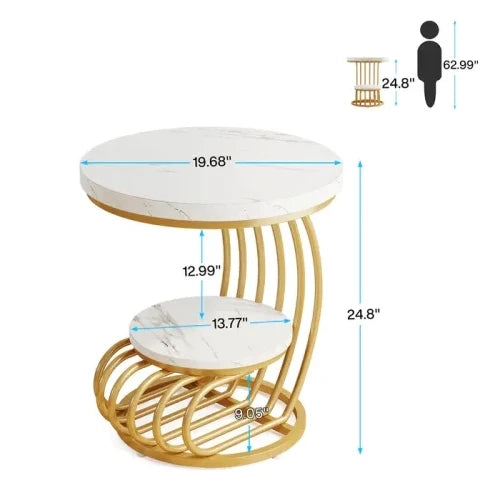 Tavolino rotondo a 2 ripiani effetto marmo bianco e oro