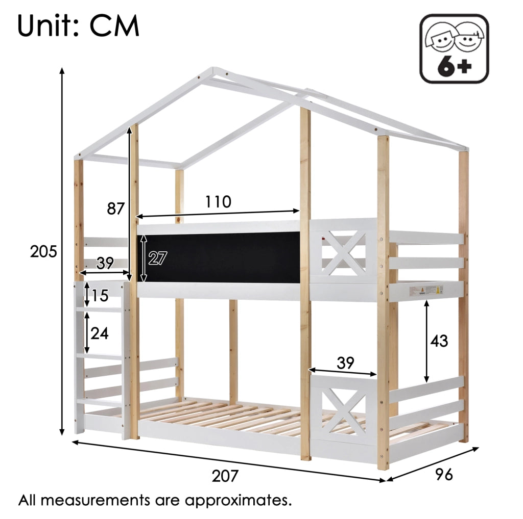 Hochbett per bambini a forma di casetta 90x200 cm con scala e lavagna; bianco in legno massello