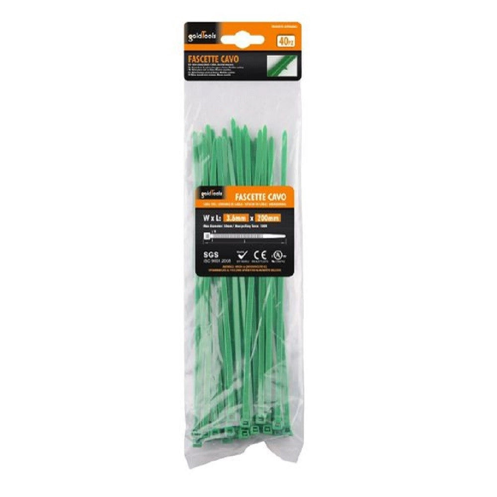 Trade Shop - Set 40 Pz Fascette Cavi Cavo Verde Stringenti In Plastica Nylon 3.6x200mm 92395 -