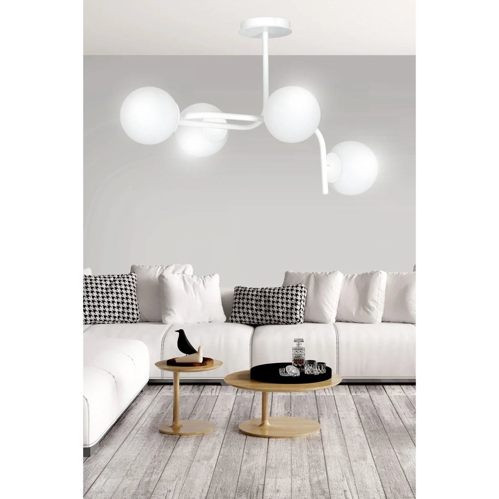 Lampadario 4 Luci Rama In Acciaio Bianco A Bracci Curvi E Sfere In Vetro Opalino