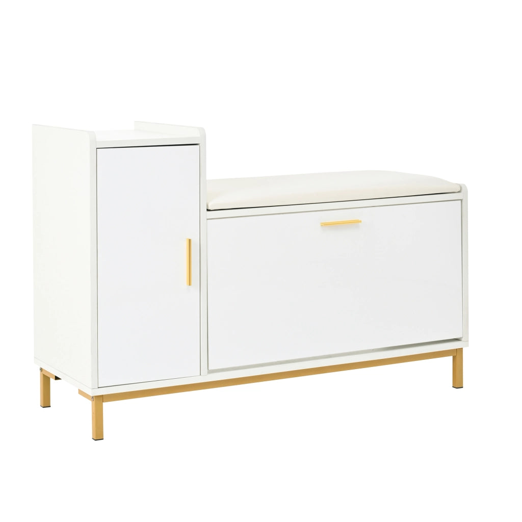 Scarpiera con seduta 100 x 38 x 68 cm, bianco e oro, con 2 ripiani, 1 vano e finitura lucida