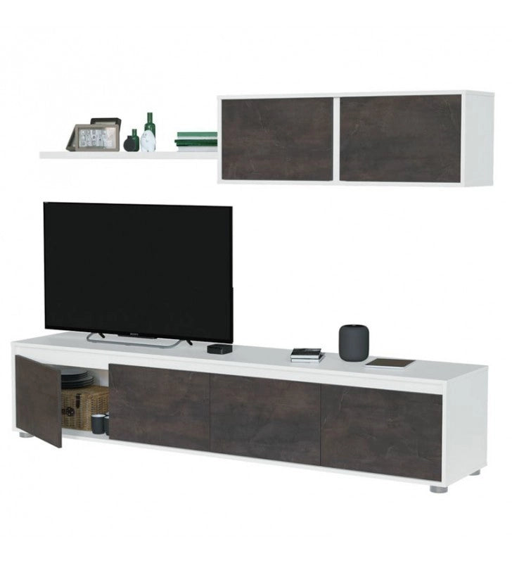 Parete Attrezzata Mobile Soggiorno Tv Con Mensola E Modulo Sospeso Per Salotto Sala Da Pranzo Design Moderno 200 X 41 X 43 Cm Colore Bianco/Ossido