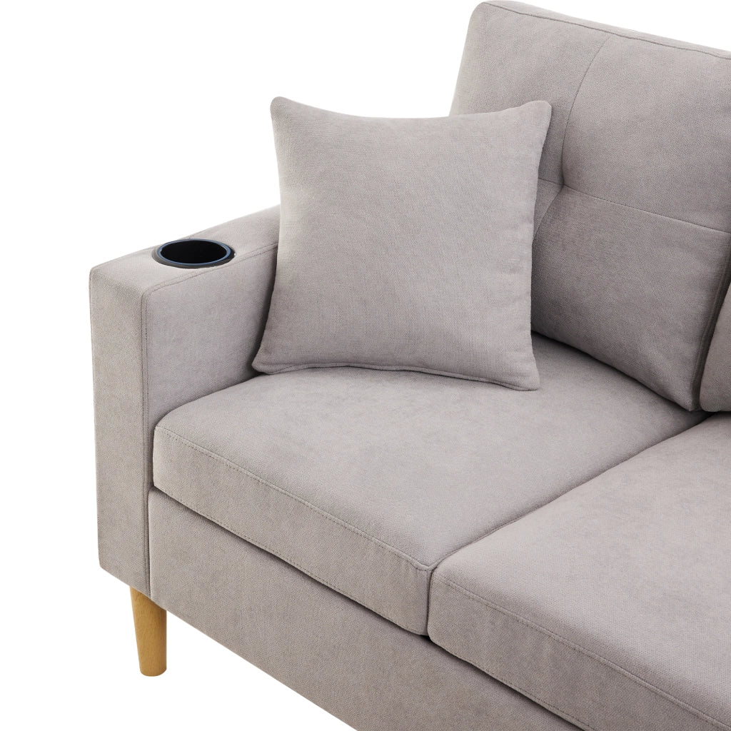 Sofa angolare moderno a L con chaise longue, 3 posti, contenitore e 2 cuscini, grigio chiaro