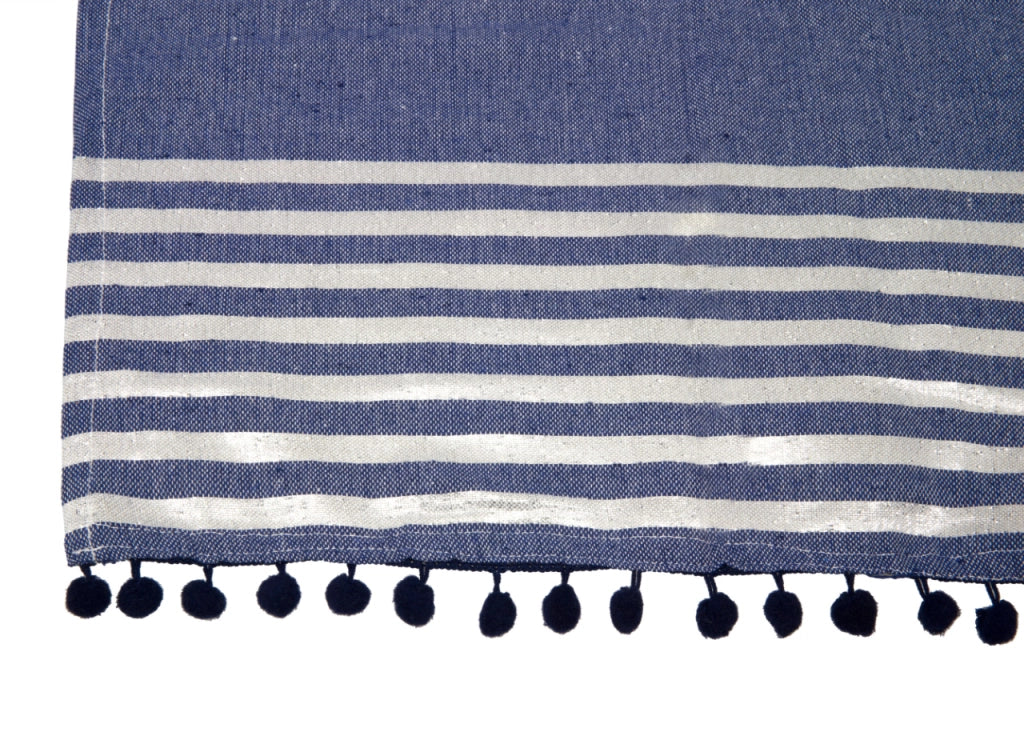 Telo Mare Fouta Spiaggia 100% Cotone Modello Lurex Con Pon Pon - Telo Mare - Blu