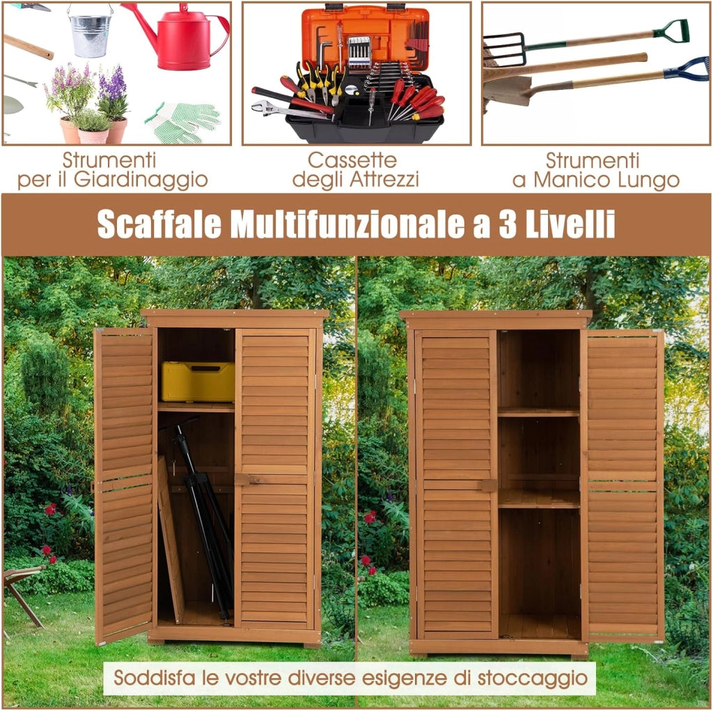 Capanni da Esterno, Armadio da Giardino in Legno Massiccio con 3 Ripiani Rimovibili, Tetto Impermeabile in Asfalto, Piedini Regolabili, Ripostiglio per Giardino, Terrazza e Cortile
