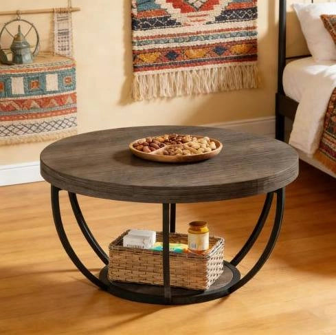 Tavolino rotondo in legno a due livelli con struttura in metallo resistente