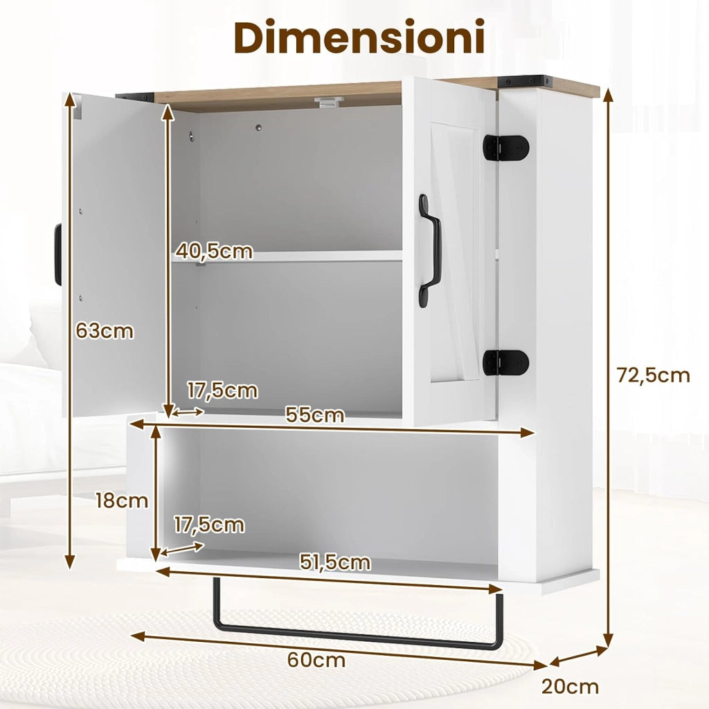 Mobiletto da Parete per Bagno con Porta Asciugamani, Armadietto Farmhouse con Ante a Botte & Ripiano Regolabile, Organizer da Muro Sopra il WC per Lavanderia, Cucina e Soggiorno