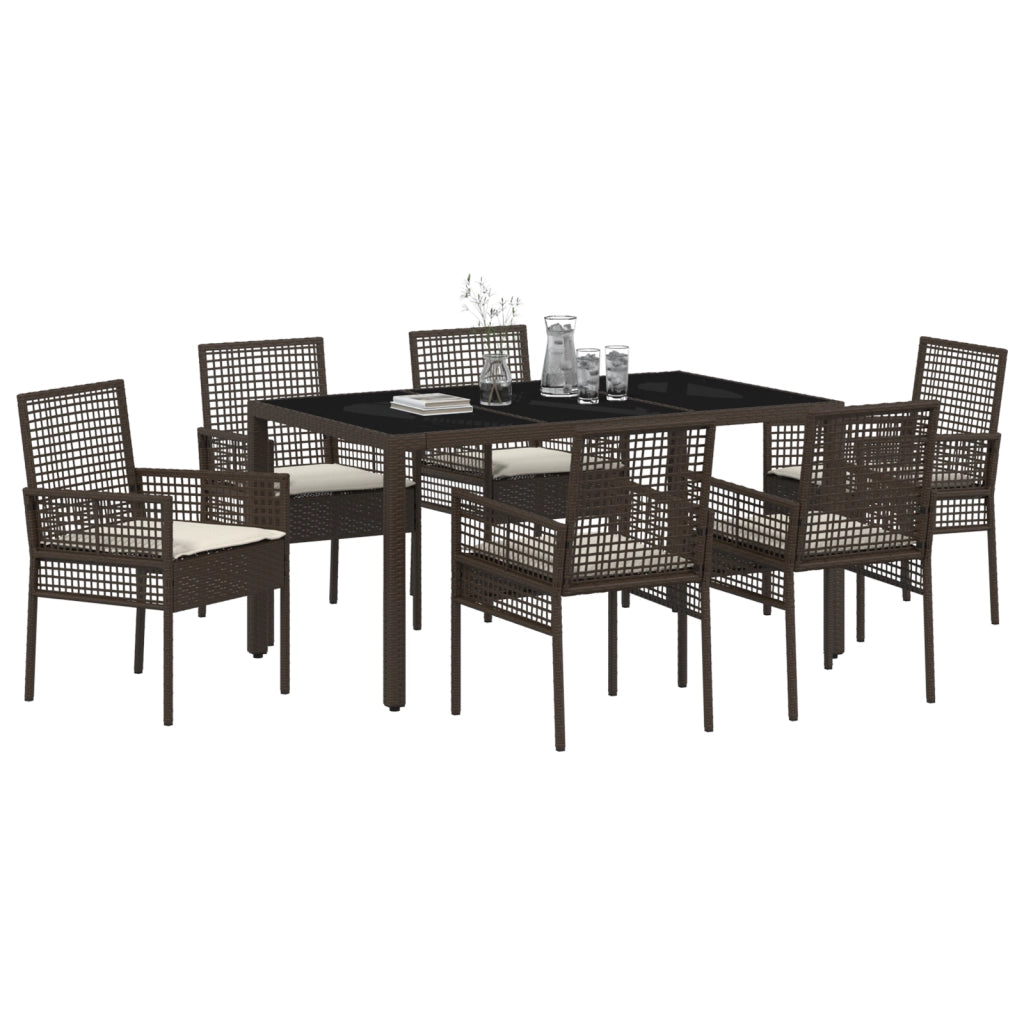 Set da Pranzo da Giardino 7 Pezzi con Cuscini in Rattan Sintetico Marrone