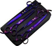 Kit di Taglio per Animali Domestici Professionale da 7 Pollici - Acciaio Giapponese Premium - Lama Retta e Curva e Sottile - Set di Tagliacapelli per Cani con Scatola in Pelle Blu