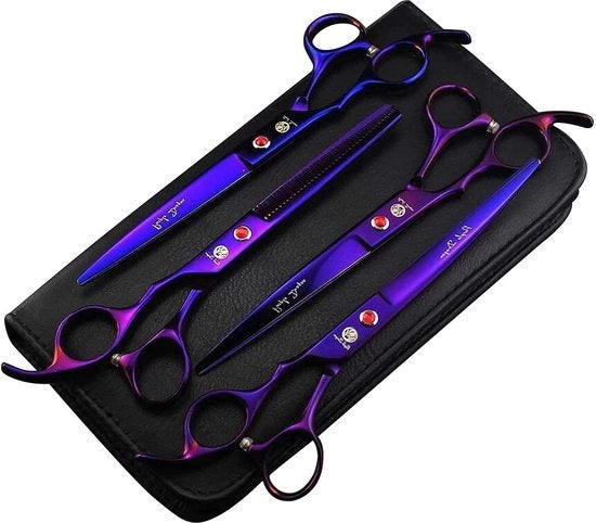 Kit di Taglio per Animali Domestici Professionale da 7 Pollici - Acciaio Giapponese Premium - Lama Retta e Curva e Sottile - Set di Tagliacapelli per Cani con Scatola in Pelle Blu