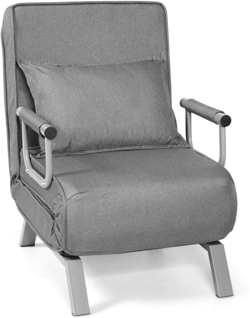2 in 1 Poltrona Letto Pieghevole, Schienale Regolabile a 5 Livelli, con Braccioli e Cuscinetto, Chaise Longue Soggiorno, Telaio in Metallo, Carico di 150 kg, 59x78,5x83 cm, 5 Colori