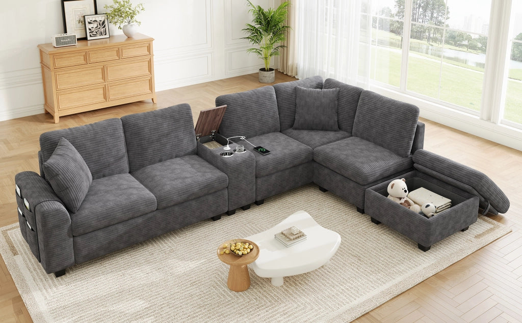 Divano angolare modulare 6 posti con ottomana contenitore console mobile e porte USB in corduroy grigio