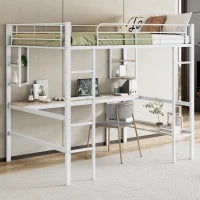 Letto a soppalco 140x200 cm in metallo con scrivania e scaffali, senza materasso, Bianco
