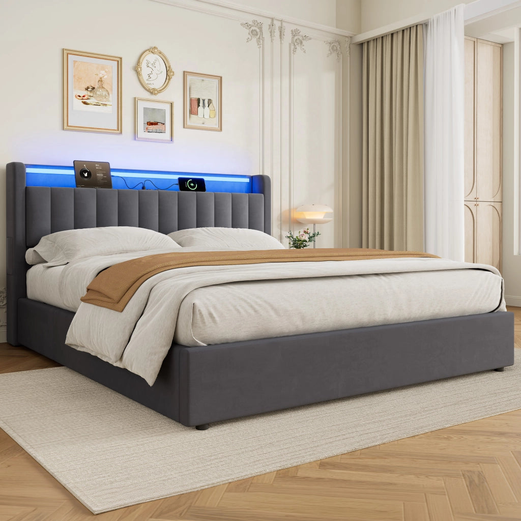 Letto Imbottito 140x200 cm Grigio Scuro in Velluto con Contenitore, USB e Luce d’Atmosfera