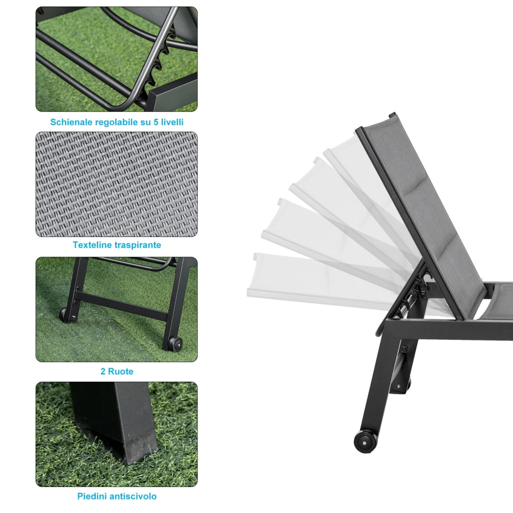 Easycomfort Sdraio da Giardino Reclinabile su 5 Livelli Rivestimento Imbottito, Alluminio e Texteline, 72x168x102cm Grigio