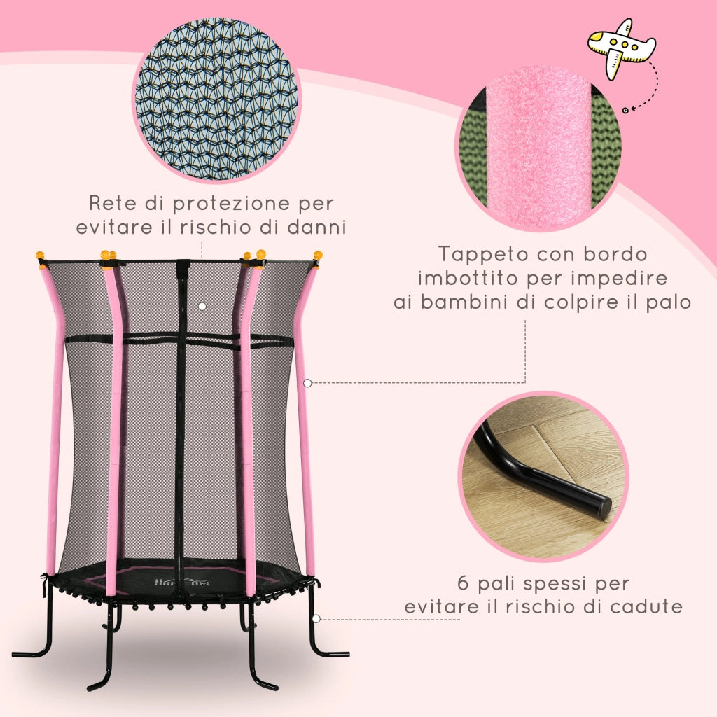 Trampolino Tappeto Elastico per Bambini con Ingresso a Cerniera e Pali Imbottiti Ø163.5x190 cm in Acciaio, PP e EPE Rosa