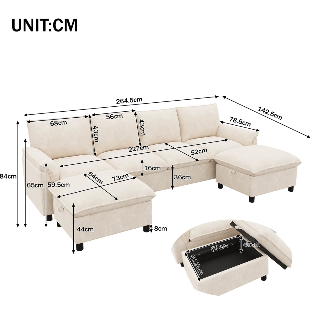 Divano con 2 pouf contenitore in chenille beige 264;5x142;5x84 cm