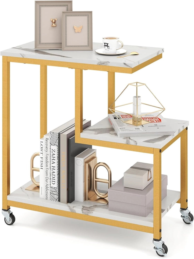 Tavolino a 3 Livelli, Tavolino Laterale a Forma di G con Ruote Bloccabili e Mensole Aperte, Tavolino Moderno da Salotto, Camera da Letto e Studio