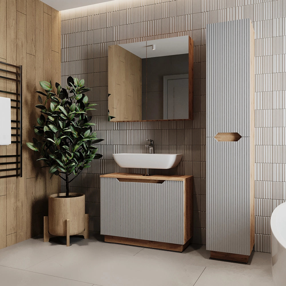 Vicco Set di mobili da bagno Rovere/grigio a righe 3 parti