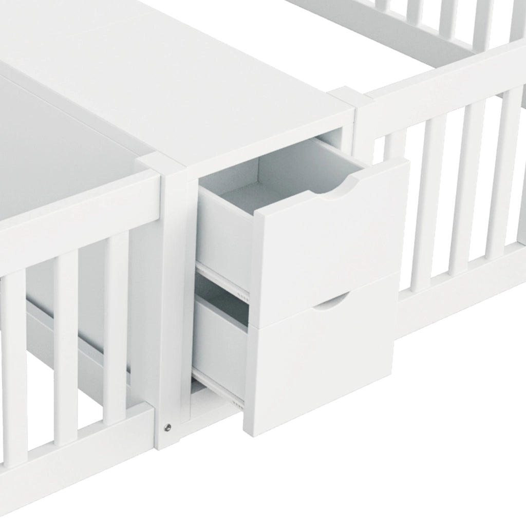 Letto doppio per bambini ULEVR 2x90x200 cm con 2 cassetti, ripiani centrali e sponde alte, bianco