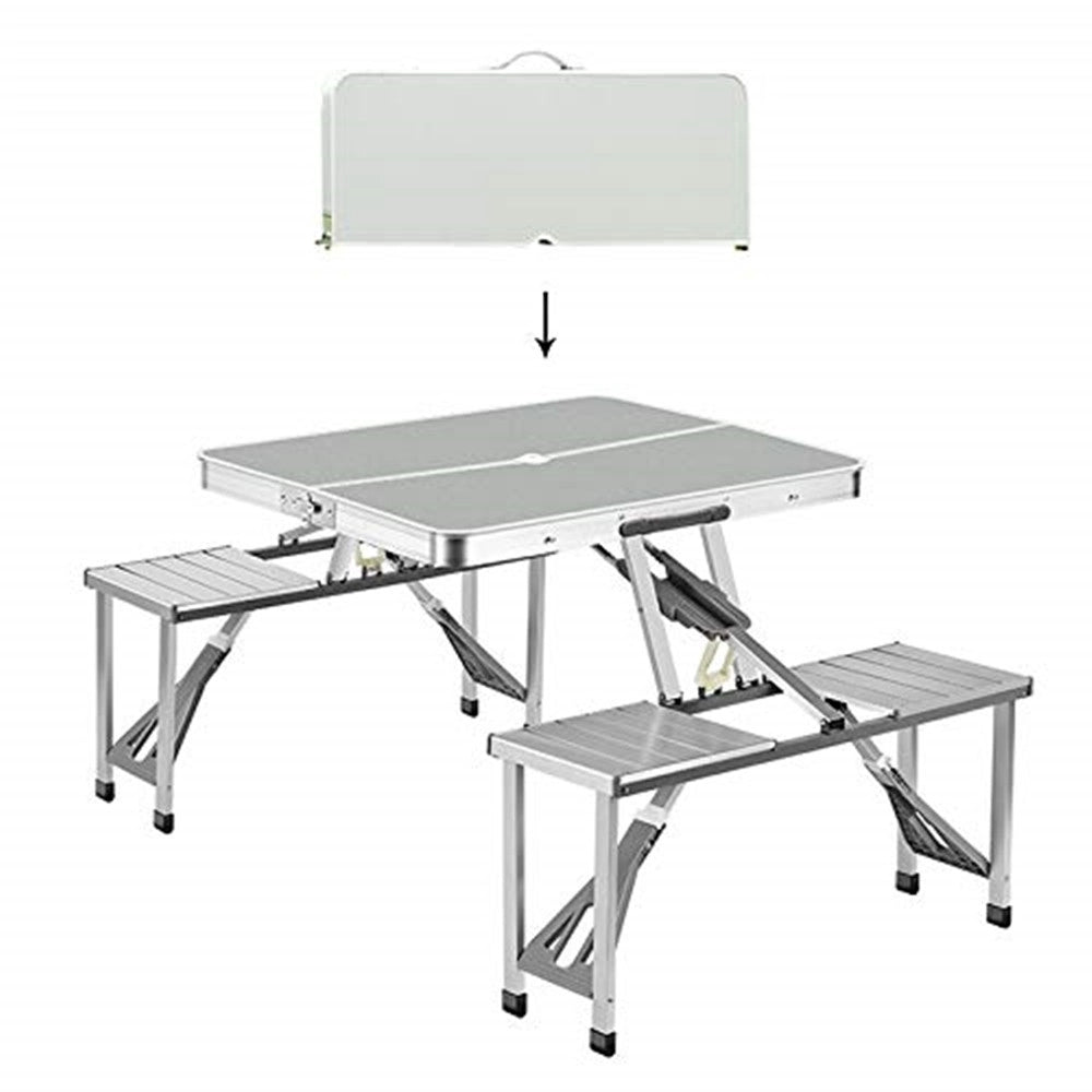 Trade Shop - Set Tavolo Pieghevole In Alluminio Pic Nic Campeggio Portatile Valigia Con Panca A 4 Posti - Argento