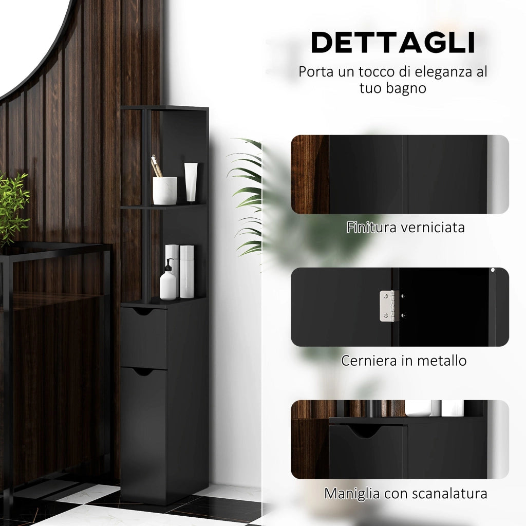 Mobile a Colonna da Bagno Salvaspazio 2 Ripiani e 2 Armadietti 15,2x29,8x118 cm Nero e Oro