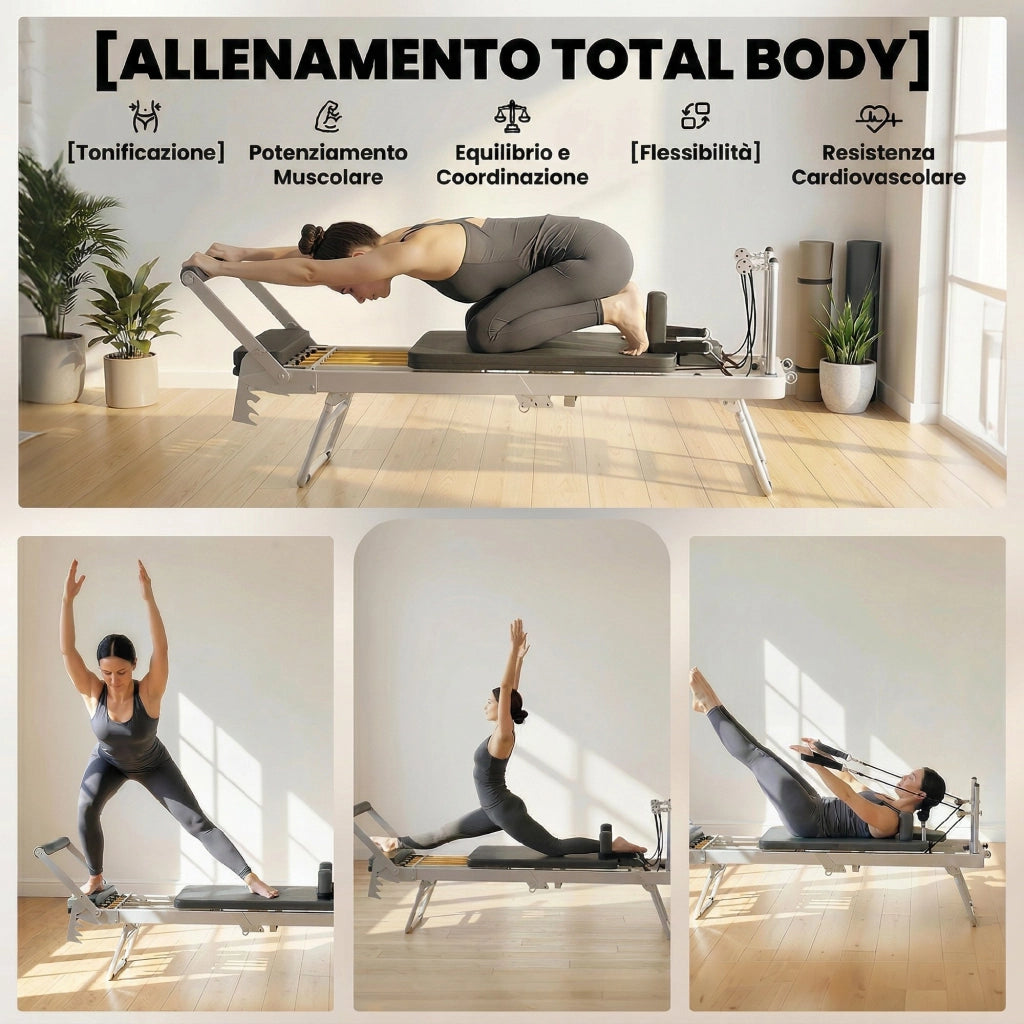 Reformer Pilates Pieghevole 195x56x88 cm con 2 Bande Elastiche in Acciaio e PU Bianco