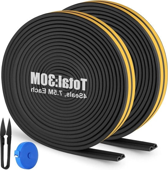 Kit di chiusura per porte - Adesivo per sigillatura 30 m - Cassetto di porta - Sigillatura antisfondamento - Cacciavite - Nastro di misura - Sigillatura di fessure e buchi - Nero