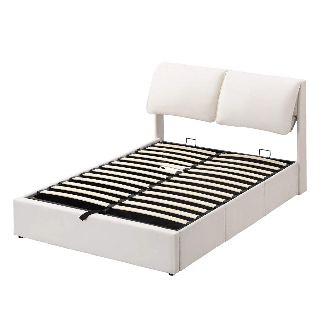 Letti contenitori 140x190 cm; contenitore idraulico e 3 cassetti; velluto; beige (Senza materasso)