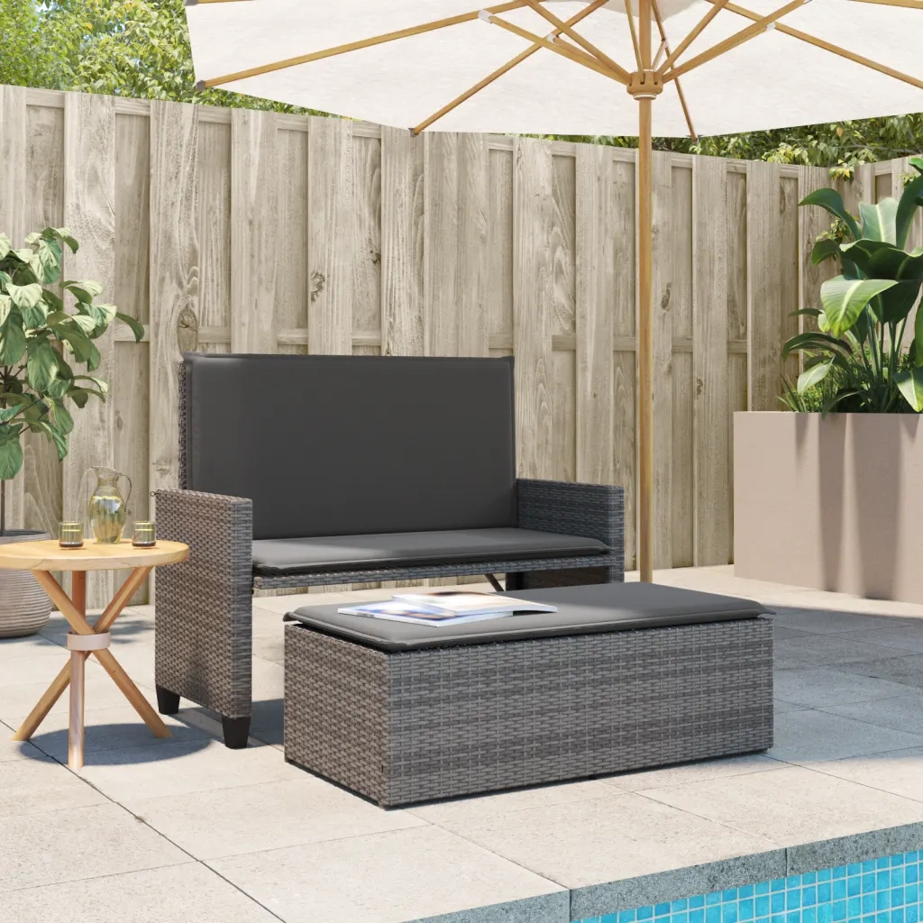 Panca da Giardino con Cuscini e Poggiapiedi-Sgabello-Panca da esterno Grigia Polyrattan