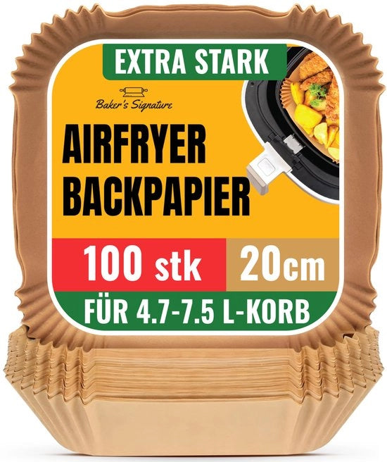 Papier da forno per Airfryer, 100 pezzi - Quadrato - 24 cm per contenitori 7-9 litri - Papier da forno non trattato per Airfryer - Ideale per forni, padelle e teglie - Facile da pulire