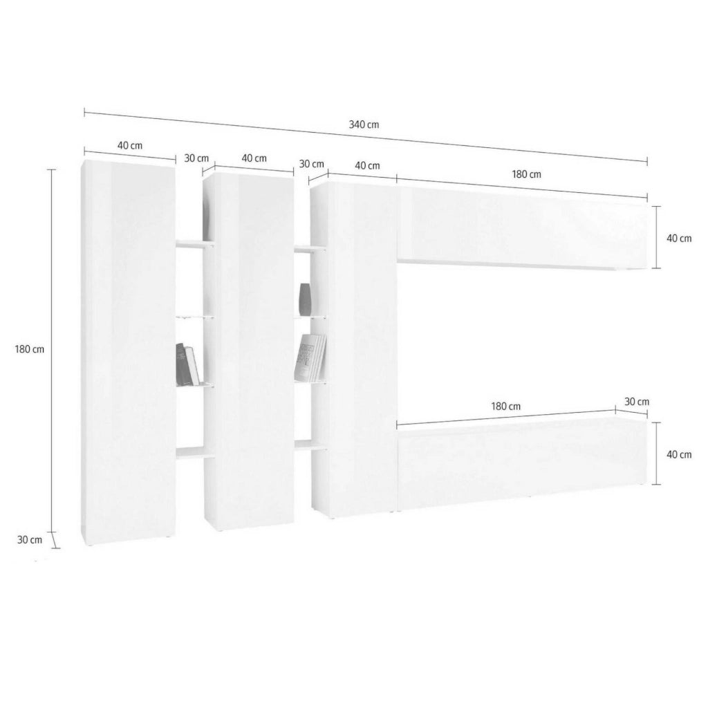 Parete attrezzata Carretto, Set salotto porta TV a 5 ante, Mobile soggiorno multiuso, 100% Made in Italy, cm 340x30h180, Bianco lucido