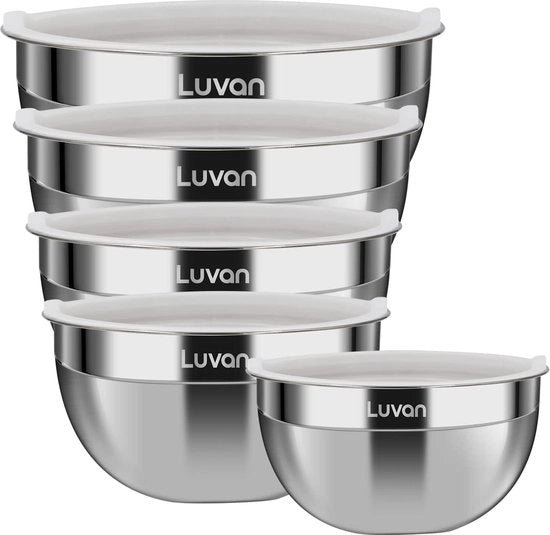 Set di 5 Mengkommen in Acciaio Inossidabile (1.45L, 1.8L, 2.5L, 3.2L, 4L), Lato Spesso per una Facile Presa e Servizio, Stivabile per una Conservazione Facile, Multifunzionale da Utilizzare in Cucina